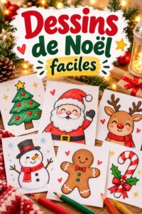 Dessins de Noël faciles réalisés avec des crayons colorés sur une feuille blanche.