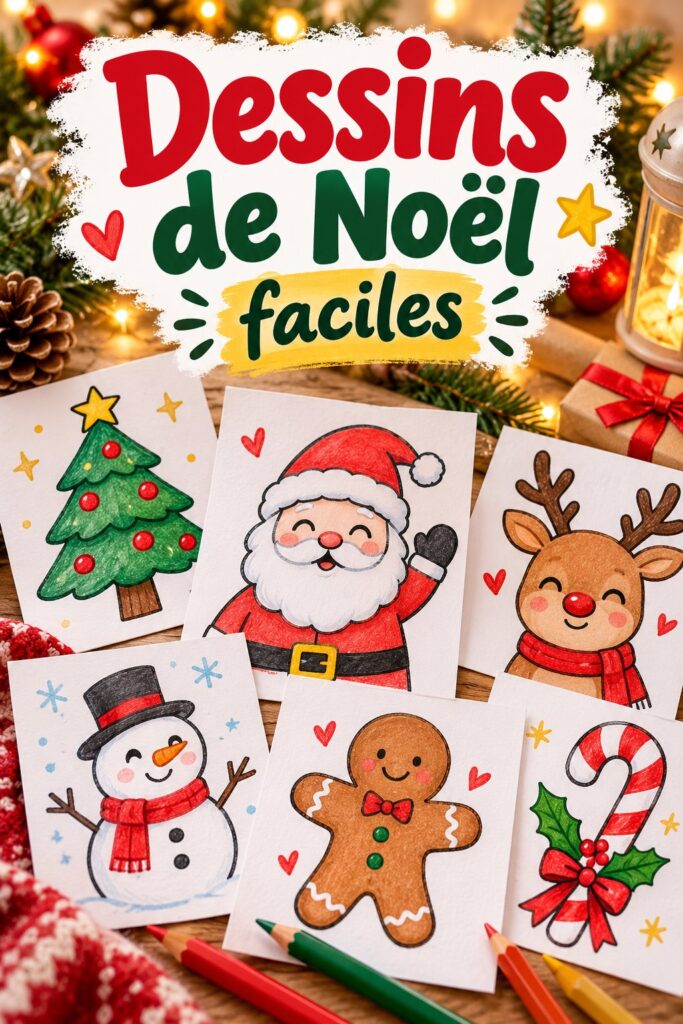 Dessins de Noël faciles réalisés avec des crayons colorés sur une feuille blanche.