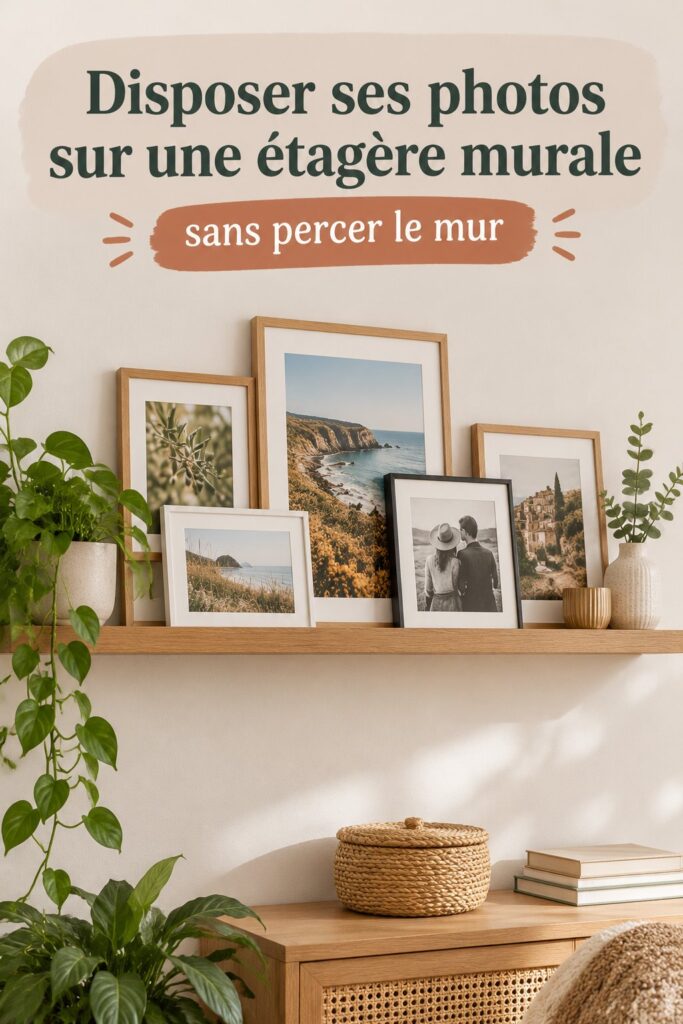 Étagère murale décorée avec des photos de famille et d'amis, style chaleureux et accueillant