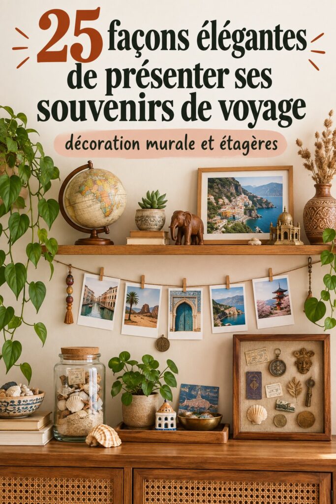 Un collage esthétique de souvenirs de voyage sur un mur