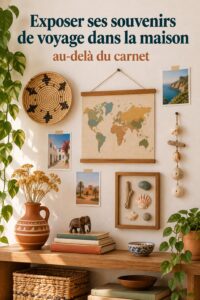 Une belle composition de souvenirs de voyage exposés dans un salon.