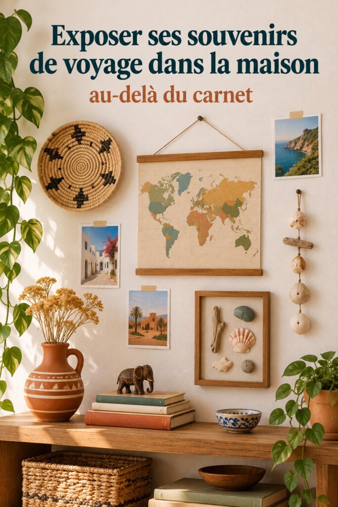 Une belle composition de souvenirs de voyage exposés dans un salon.