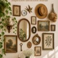 Un mur décoré de plusieurs cadres vintage montrant des œuvres d'art variées.
