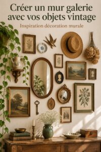 Un mur décoré de plusieurs cadres vintage montrant des œuvres d'art variées.