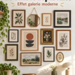 Galerie murale avec des cadres mixés à différents styles décoratifs.