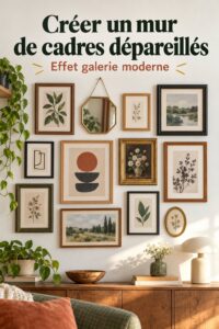 Galerie murale avec des cadres mixés à différents styles décoratifs.