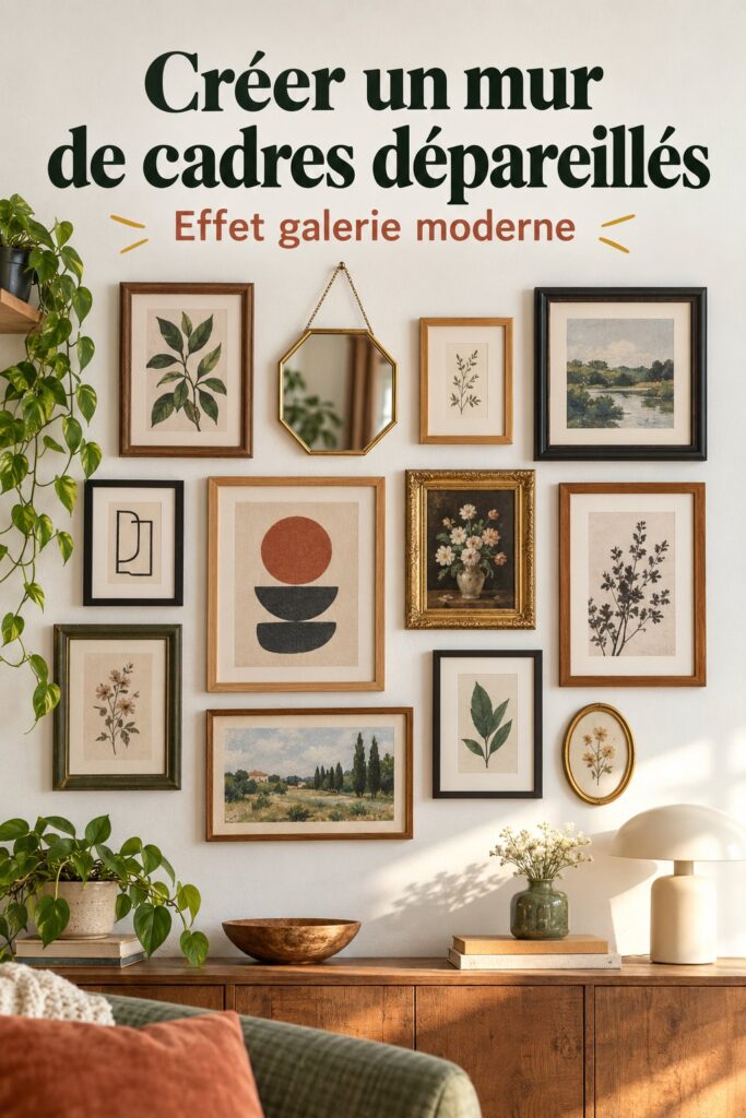 Galerie murale avec des cadres mixés à différents styles décoratifs.
