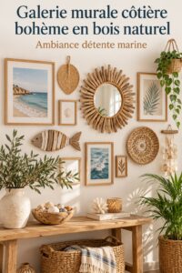 Une galerie murale côtière bohème en bois naturel dans un intérieur lumineux.
