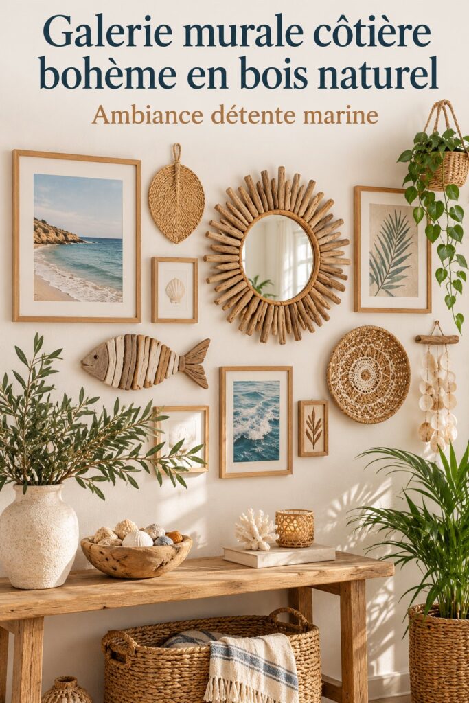 Une galerie murale côtière bohème en bois naturel dans un intérieur lumineux.