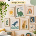 Galerie murale colorée dans une chambre d'enfant avec des œuvres d'art et des photos