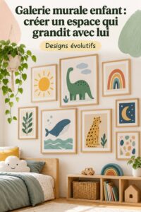 Galerie murale colorée dans une chambre d'enfant avec des œuvres d'art et des photos