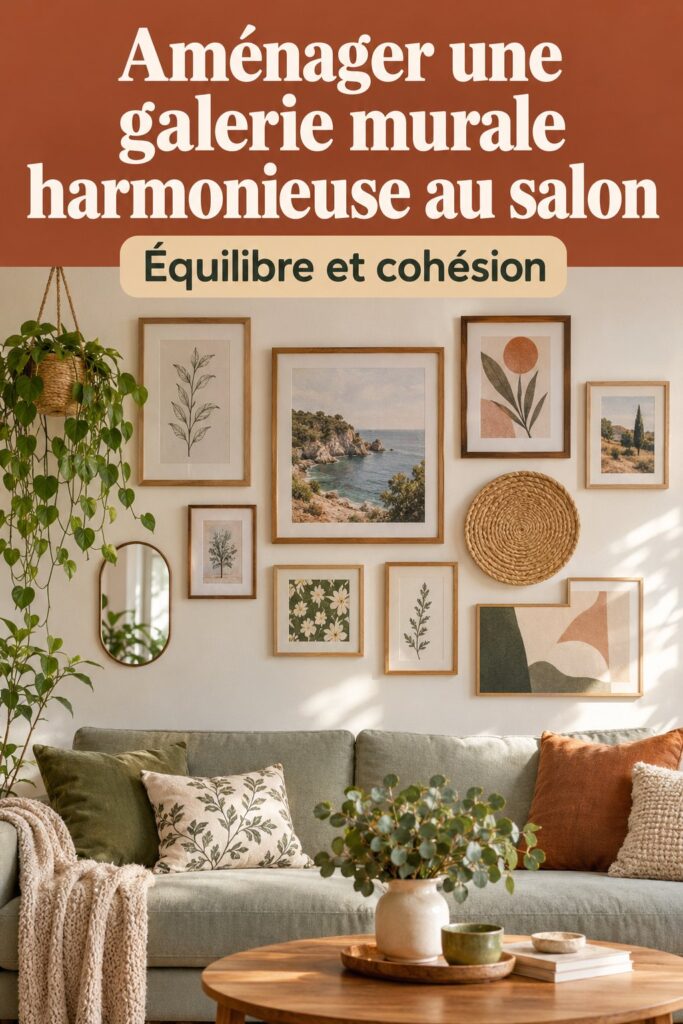 Un salon décoré avec une galerie murale harmonieuse, mélange de tableaux et de photos.
