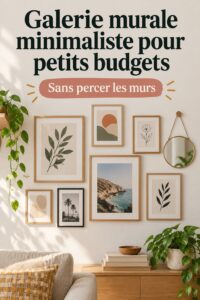 Une galerie murale minimaliste avec des œuvres d'art et des photographies dans un salon chaleureux.