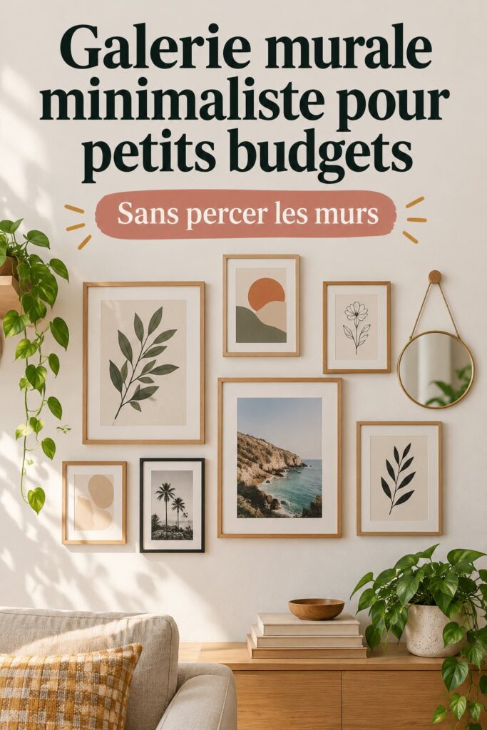 Une galerie murale minimaliste avec des œuvres d'art et des photographies dans un salon chaleureux.