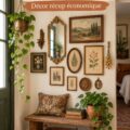Une galerie murale vintage bien agencée dans un petit salon.