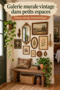 Une galerie murale vintage bien agencée dans un petit salon.