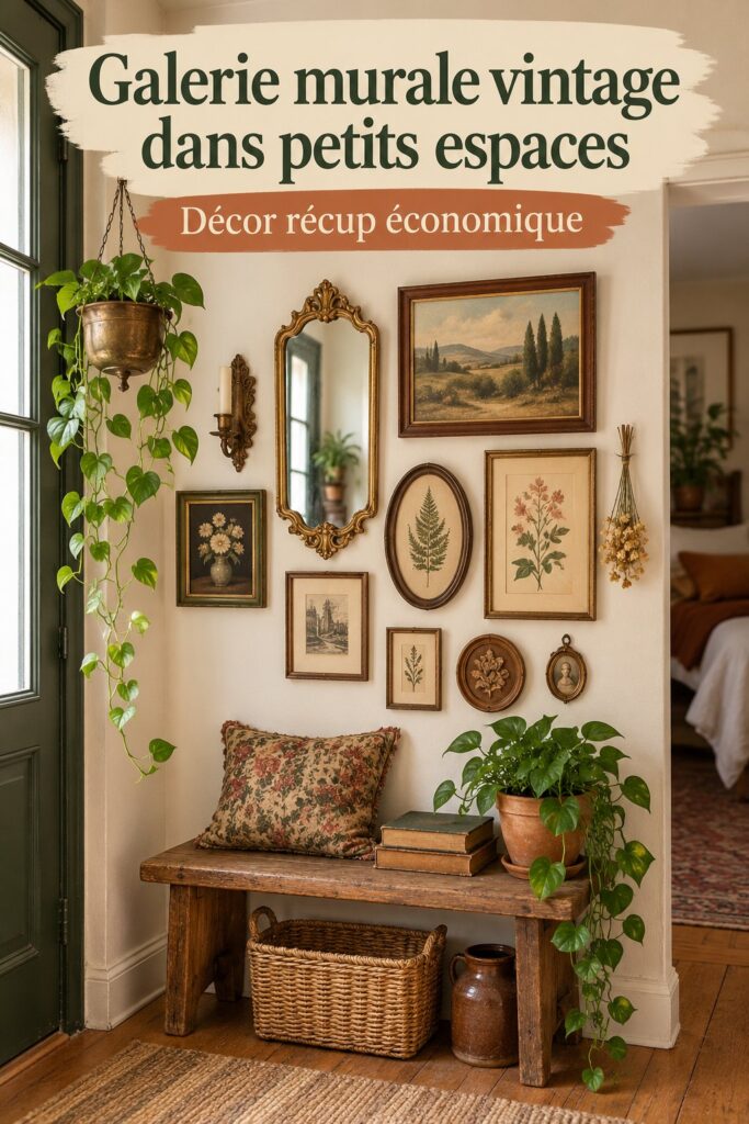 Une galerie murale vintage bien agencée dans un petit salon.