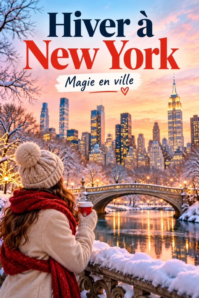Une vue emblématique de New York en hiver, illuminée de décorations festives.