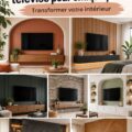 Mur TV décoré avec des étagères et des œuvres d'art.
