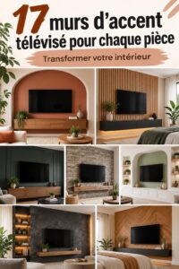 Mur TV décoré avec des étagères et des œuvres d'art.