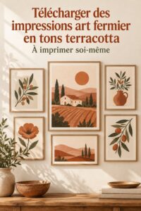 Une galerie murale décorée avec des impressions d'art fermier en tons terracotta.