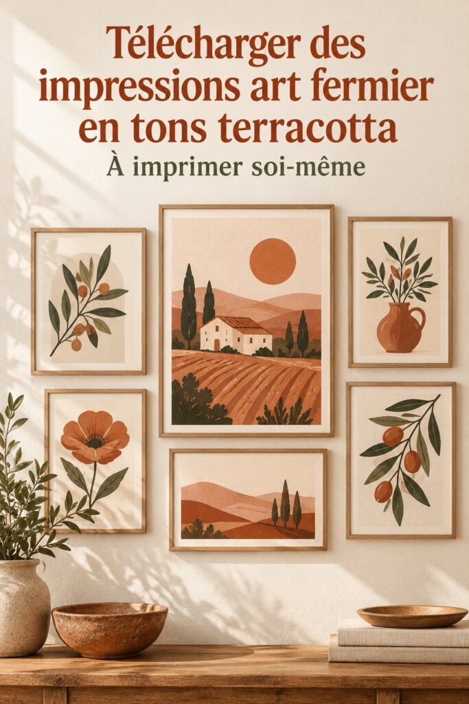 Une galerie murale décorée avec des impressions d'art fermier en tons terracotta.