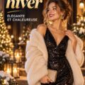 Femme portant une élégante tenue de soirée d'hiver avec des textures riches et des couleurs chaudes.