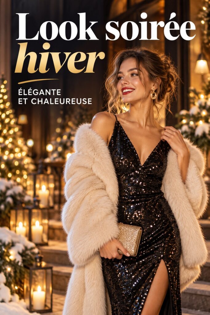 Femme portant une élégante tenue de soirée d'hiver avec des textures riches et des couleurs chaudes.