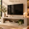Meuble TV moderne en béton microtexturé dans un salon chic