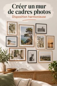Un mur de galerie avec plusieurs cadres photos élégants et artistiques.