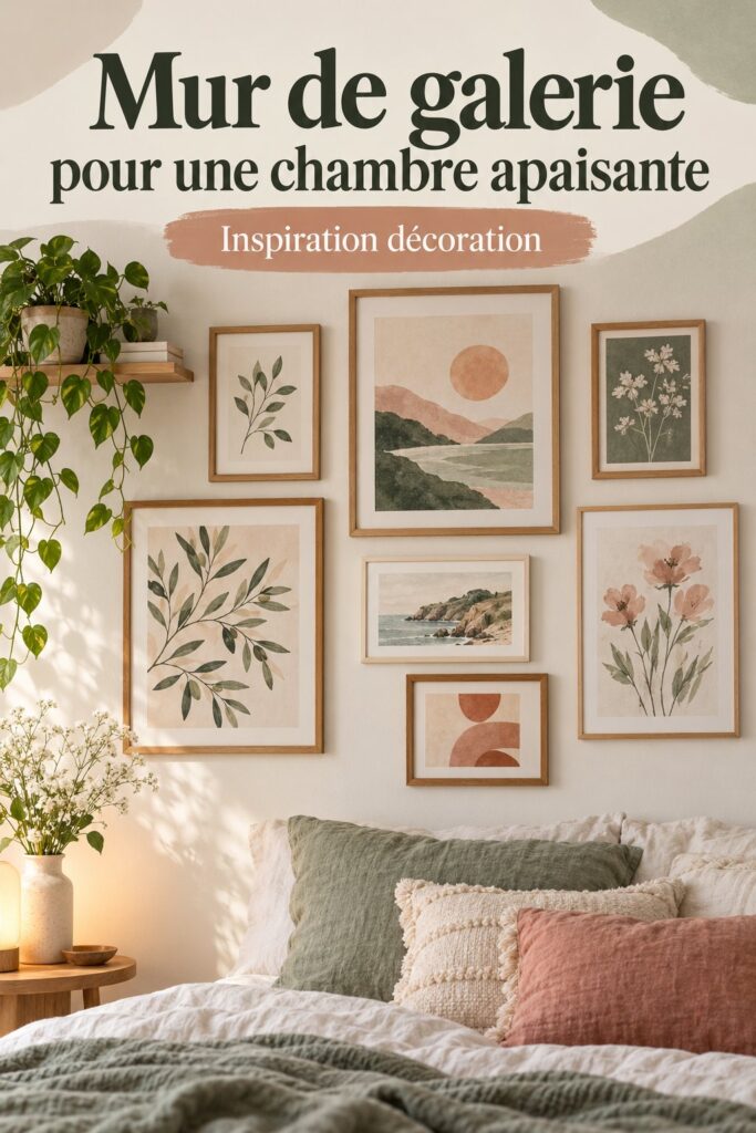 Un mur de galerie apaisant avec des œuvres d'art calme dans une chambre moderne.
