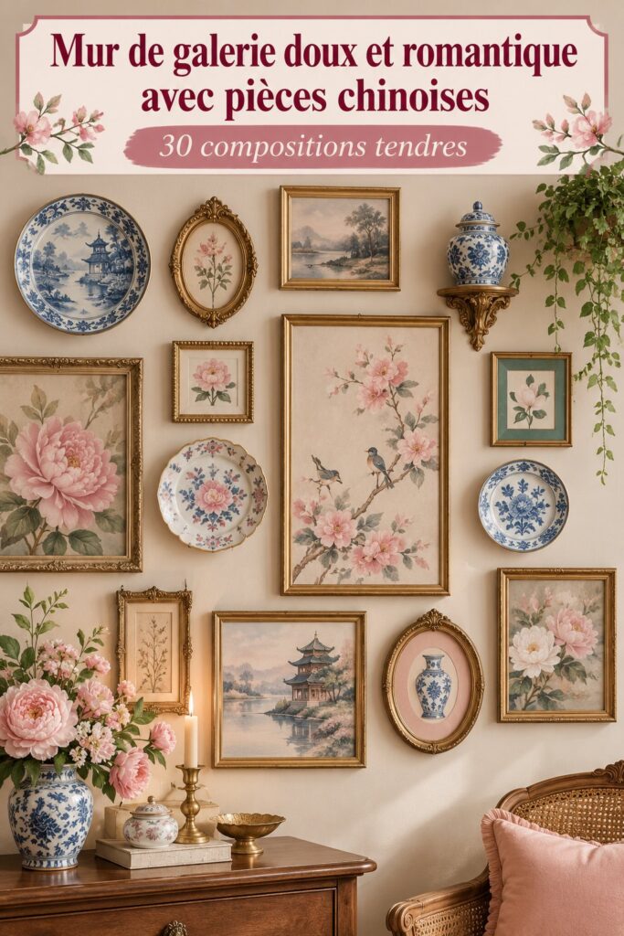Mur de galerie avec des pièces vintage dans un style doux et romantique