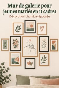 Mur de galerie romantique avec 11 cadres photos pour jeunes mariés.