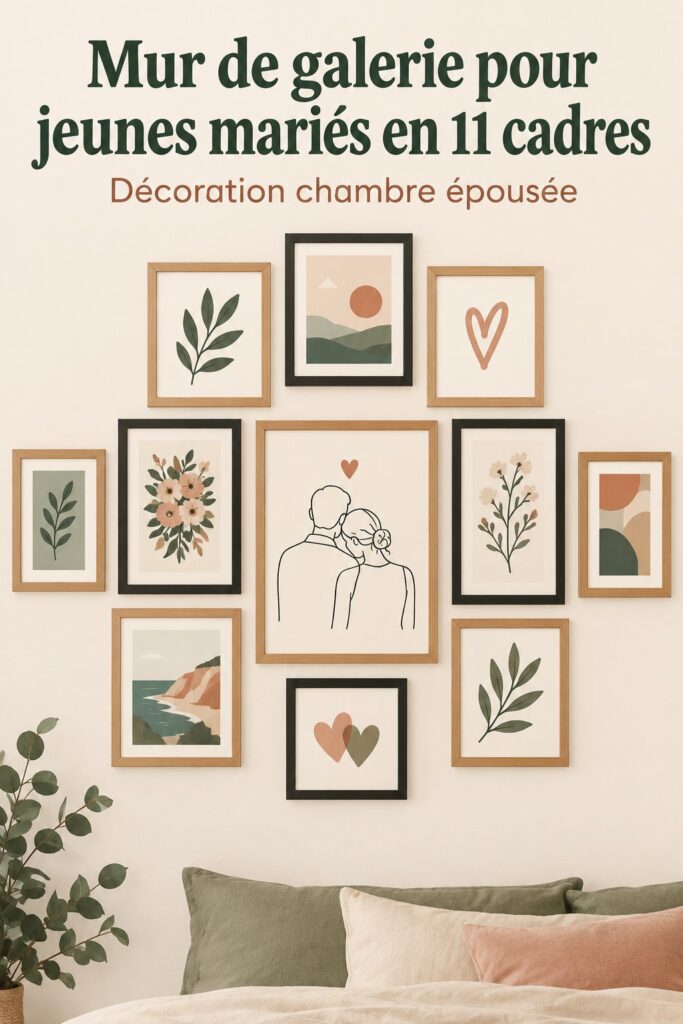 Mur de galerie romantique avec 11 cadres photos pour jeunes mariés.