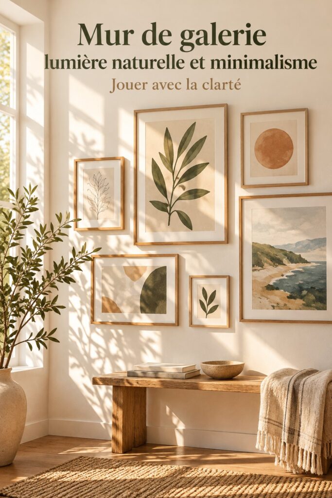 Mur de galerie minimaliste agencé avec des œuvres d'art et lumière naturelle