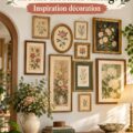 Un mur de galerie décoré avec des motifs floraux vintage, apportant une ambiance chaleureuse à la pièce.