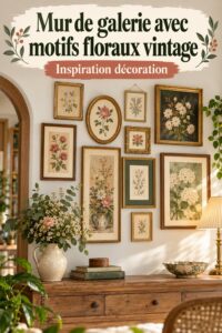 Un mur de galerie décoré avec des motifs floraux vintage, apportant une ambiance chaleureuse à la pièce.
