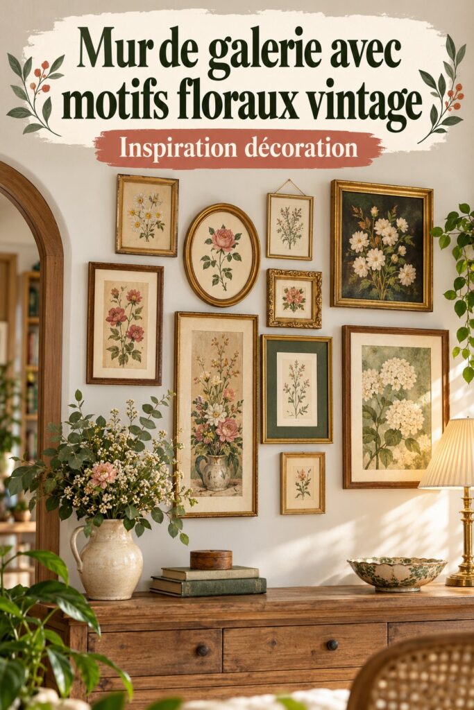 Un mur de galerie décoré avec des motifs floraux vintage, apportant une ambiance chaleureuse à la pièce.
