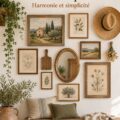 Mur de galerie rustique avec cadres en bois, affichant des œuvres d'art et des souvenirs.