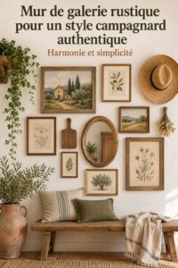 Mur de galerie rustique avec cadres en bois, affichant des œuvres d'art et des souvenirs.