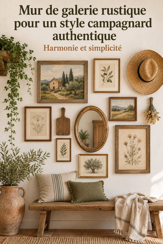 Mur de galerie rustique avec cadres en bois, affichant des œuvres d'art et des souvenirs.