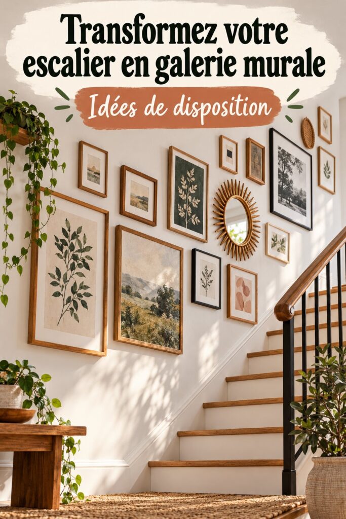 Mur de galerie décoratif dans un escalier avec des photos et illustrations variées.