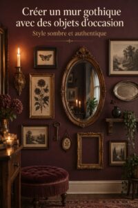 Un mur gothique décoré avec des objets d'occasion, montrant des couleurs sombres et des éléments vintage.