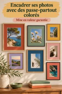 passe-partout colorés autour de photos dans un intérieur chaleureux