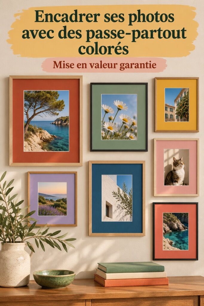 passe-partout colorés autour de photos dans un intérieur chaleureux