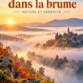 Peinture d'un paysage dans la brume avec des arbres et des montagnes floues.