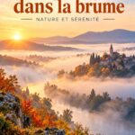 Peinture d'un paysage dans la brume avec des arbres et des montagnes floues.
