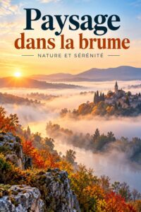 Peinture d'un paysage dans la brume avec des arbres et des montagnes floues.