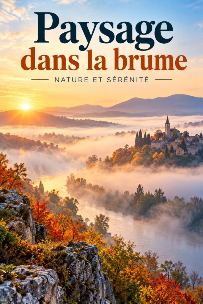 Peinture d'un paysage dans la brume avec des arbres et des montagnes floues.