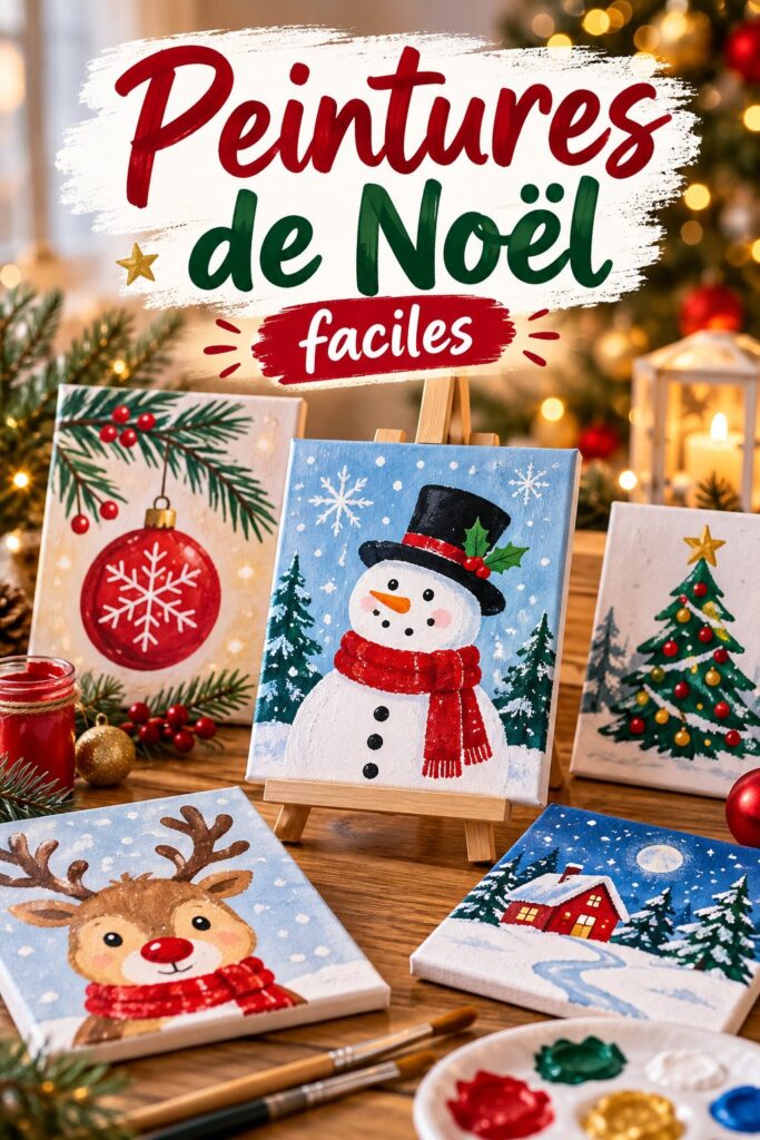 Peinture de Noël sur toile représentant un paysage hivernal lumineux